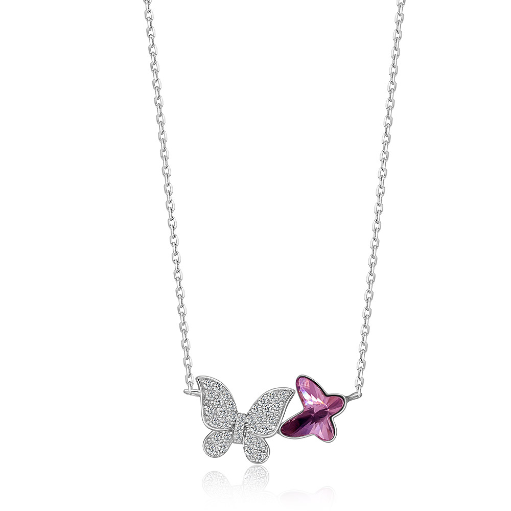 Amethyst Pink Twin Butterfly Pendant Necklace Made with Swarovski Crystals